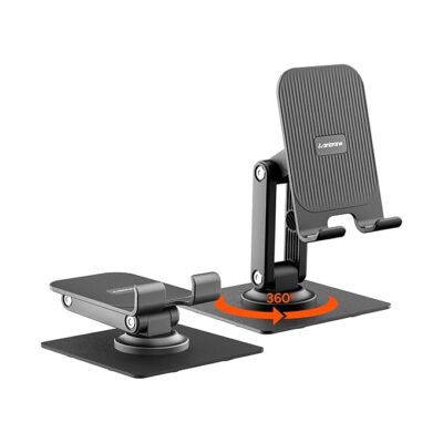 Ambrane 360° Rotation, Foldable Design Mobile Stand with Stable Metallic Round Base, Multiple Height & Angle adjustments Compatible with Smartphones, Tablets, Kindles & iPad (Twist and 360, Black)