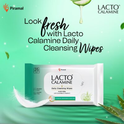 Lacto Calamine Daily Cleansing Face Wipes 25N Each - Pack of 2 | Makeup Remover Wipes | Wet Tissue for Face with Aloe Vera, Cucumber & Vitamin E | Wet Wipes for Women & Men | Paraben & Alcohol Free