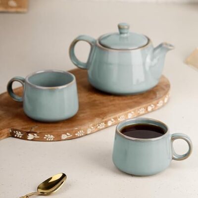 The Earth Store Premium Grey Glaze Ceramic Morning Tea Set - 2 Tea Cups & 1 Kettle Microwave and Dishwasher Safe | Tea Cup with Kettle | Small Morning Set | Ideal for Gifting and Daily Use