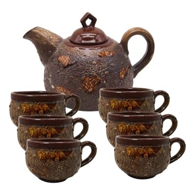 India Meets India Ceramic Serving Kettle Set with 1 Kettle (600 ml), 6 Cups (100 ml Each)