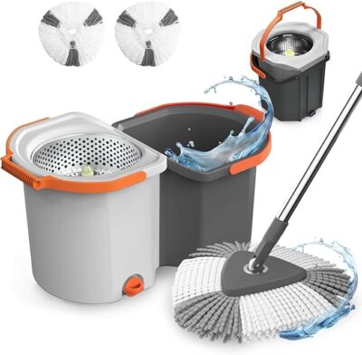HIWARE 360 Degree Rotation Mop Set with Bucket, Floor Mop Complete Set with Adjustable Stainless Steel Handle & Foot Pedal, Foldable Cleaning Bucket with Super Water Absorbent Mat (Simple White)