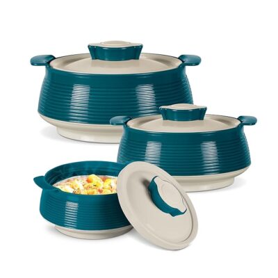 MILTON Venice Double Walled Inner Stainless Steel Serving Casserole Set of 3 (450 ml, 850 ml, 1350ml), PU Insulated Kitchen Hot Pot, Keeps Food hot & Fresh for Roti, Biryani, Marble Green