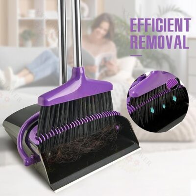 Broom and Dustpan Set, Long Handle Lightweight Dustpans with Broom Combo for Home Sweeping for Room Kitchen Office Purple