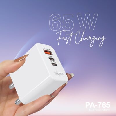FINGERS PA-765 Mobile Adapter (65W Fast Charging, Triple Ports (2 x USB-C Ports & 1x USB-A), GaN Technology, PPS Support, BIS Certified, Fire Retardant) Classic White