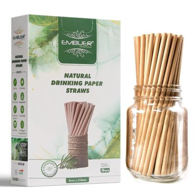 Embuer Kraft Paper Straws for Drinking Juice, Milkshake, Cold Coffee | Premium Extra Durable Paper Straws Unbleached, Eco-Friendly Straw for Kids, Parties, Restaurants - 8 X 210 mm (100N) - Pack of 1