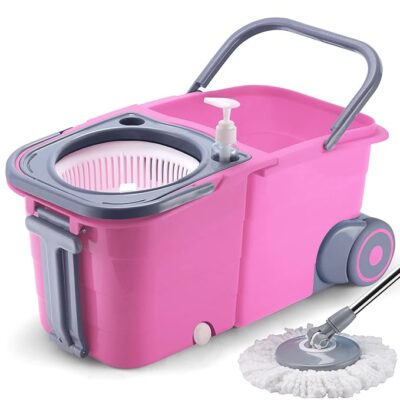 V-MOP Premium Pink Plastic Twin Double Bucket Wheel Mop ((6 Months Warranty on Rod Set))