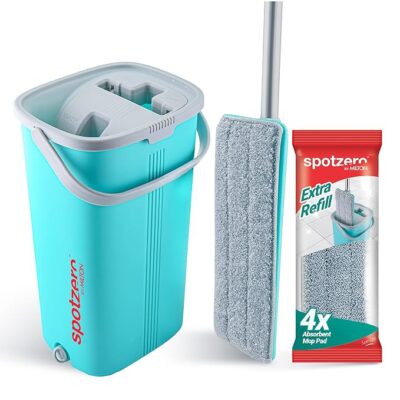 Spotzero By Milton 2-1 Flat Mop I Wash and Dry Chamber I Flexible Head I Premium 4X Absorbent Microfiber Refills I Floor Plus Wall Mop I Long Handle I Compact- Lightweight I 5 Liter