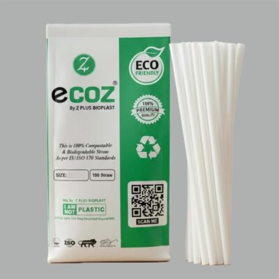 ECOZ Biodegradable Plastic Straws | 6 mm, 100 Count | Eco-Friendly Compostable Sustainable Disposable Drinking Straws | Cocktail Cold Drink Juice White Straws
