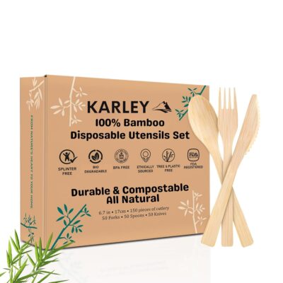 Karley 100% Bamboo Heavy Duty Disposable Utensils – 150 pcs, 6.7in (50 Forks, 50 Spoons & 50 Knives) – Durable, Eco-friendly & Biodegradable Cutlery. FDA Registered, Plastic Free & Compostable
