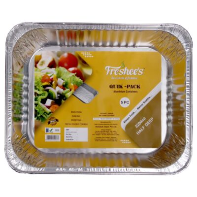 Freshee 3200ml Disposable Aluminium Baking Tray for Roasting Freezing Pack of 5 Half Deep Foil Containers Without Lid for Food Storage, Oven Safe