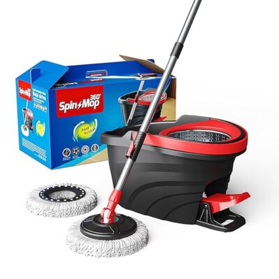 360° Spin Mop with Bucket |Dual Drive Floor Cleaning System with Stainless Steel Wringer |Super Absorbent Microfiber Heads 2 Refills Easy Self-Wringing Mop Set for Home &Office - Black RED