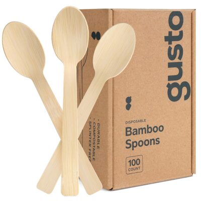 GUSTO [100 Count] Disposable Natural Bamboo Spoons - Biodegradable and Eco-Friendly Bamboo Utensils for Outdoors, Parties, and Events