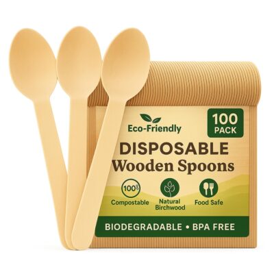 [Pack of 100] Disposable Wooden Spoons (16cm Long) - Biodegradable Wooden Spoon | Eco Friendly & Plastic Free Wooden Spoons - Ideal for Wedding, Picnic, Party, Office & Christmas (Spoons)