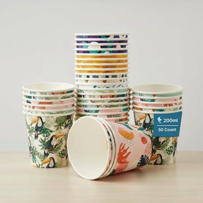 200 ml, 50 Count Disposable Paper Cups, Multicolor Eco-Friendly Drinking Cups for Wedding, Party, Picnic, Travel | Ideal for Tea, Coffee, Juice & Water, Use & Throw Party Glasses