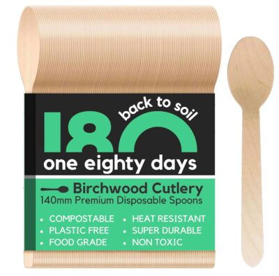 180 Days - Disposable Wooden Spoon | 50 Spoons (140mm Length) | Biodegradable & Eco-Friendly Birchwood Cutlery | Ideal for Parties, Events and Catering (140mm, Spoon)
