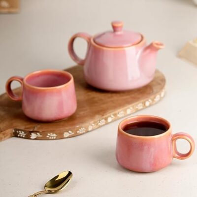 The Earth Store Premium Pink Glaze Ceramic Morning Tea Set - 2 Tea Cups & 1 Kettle Microwave and Dishwasher Safe | Tea Cup with Kettle | Small Morning Set | Ideal for Gifting and Daily Use