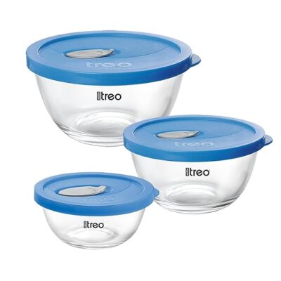 Treo by Milton Mixing Glass Bowl with Flexi Lid Set of 3, 500 ml/1000 ml/1500 ml, Transparent - Air Vent | Serving Snacks | Salad| Kitchen Container | Microwave Safe | Dishwasher Safe | Food Safe