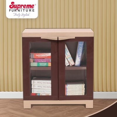 Supreme Furniture Fusion 01 FG Cabinet with Multipurpose with See-Thru Glass Panels Cupboard, Living Room and Kids(Small Size G.Brown/D.Beige)