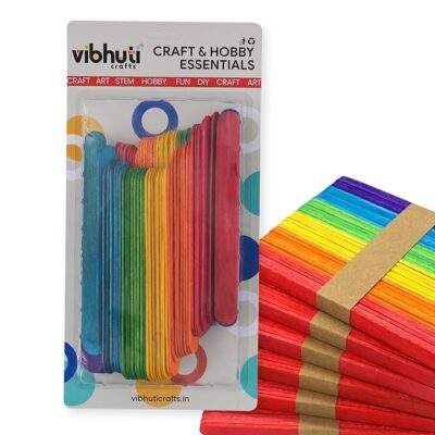 Vibhuti Crafts (hoblie) 100 Colored Wooden Ice Cream Sticks – Multicolored Popsicle Sticks for Craft, DIY Projects, School Art, Stick House, Photo Frame & Kids Craft Work | Big Ice Cream Sticks for Crafting