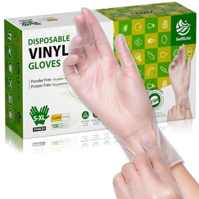 Disposable Vinyl Gloves, 100-Count Food Safe Gloves, Latex-Free Powder-Free Clear Plastic Gloves for Cooking, House Cleaning, Food Prep, 3-mil, Medium