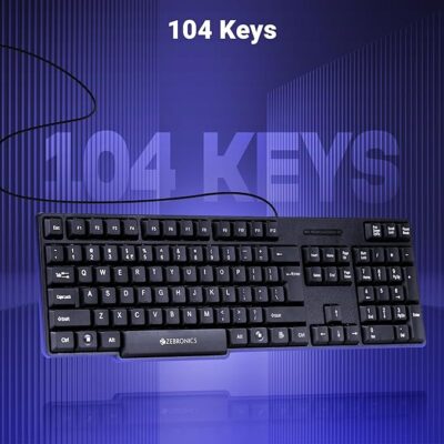 Zebronics Wired Keyboard with 104 Keys, 1.2m Cable, ₹ Key, USB Interface, UV-Coated Keys, Retractable Stand, USB Nano Receiver, for PC, Laptop (K65, Black)