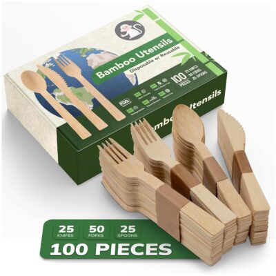 Albino Monkey Bamboo Utensils Disposable Cutlery set - Or Reuse, Pack of 100 - Durable for Picnic - 50 Forks, 25 Spoons, and 25 Knives - Camping Products and Party Eating Supplies, Wooden Utensils