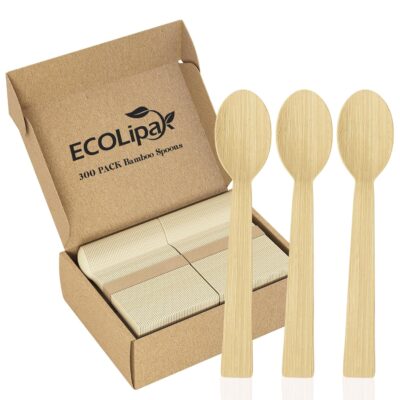 ECOLipak 300 Count Bamboo Spoons Disposable, 6.7 Inch No Splinters Heavy Duty Bamboo Disposable Compostable Spoons for Party, Wedding, Camping, Traveling, Family Dinners, Large Events