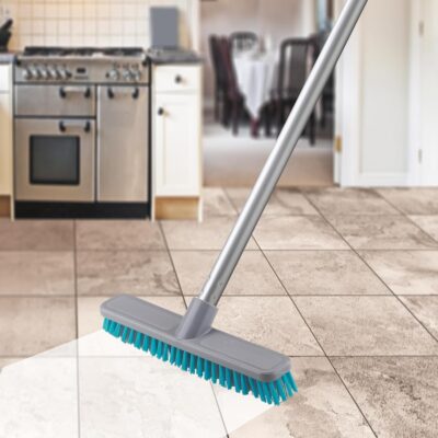 Scrubby Hard Brush with 120cm Metal Handle I Plastic Coated Long Sturdy Rust Proof Rod for All Kind of Floors I Hard Bristles I Heavy Duty Deep Scrub for Tile, Bathroom & Kitchen - Grey