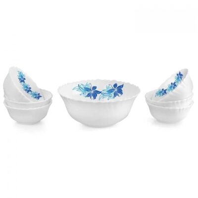 Cello Blue Swirl Dazzle Series Opalware Pudding Set of 7, White