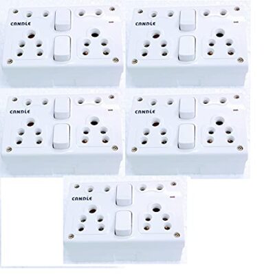 CANDLE 6Ampere Unbreakable 2 Switch 4 Socket/Outlets Combined with Box with Indicator Switch Socket Board (White, 2+4) Pack of 5 Pcs