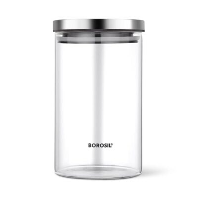 Borosil 900ml Classic Glass Jar with Airtight Stainless-Steel Lid | Borosilicate Glass Storage Organizer | Microwave & Dishwasher Safe Kitchen Containers for Spices, Snacks, Grains, Dals