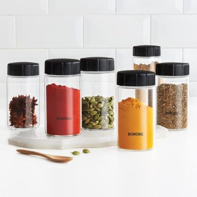 Borosil Neo Spice Jar Set (250ml x 6) with PP Lid | Borosilicate Glass Storage Organizer | Microwave & Dishwasher Safe Kitchen Containers for Spices, Snacks, Grains, Dals | Transparent