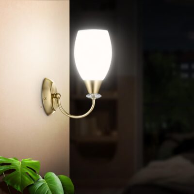 Wipro BeuHome Single Wall Light BW06 | Premium Indoor Decorative Light with White Frosted Glass | Contemporary Sleek Design | Surface Mounted Classic Wall Light | E27 (1H, Brush Bronze)