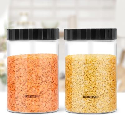 Borosil 900ml 2pc Endura Storage Jar Set with Grey PP Lid | Made in India Borosilicate Glass Dishwasher Safe Container for Kitchen | Airtight Multipurpose Kitchen Organizer for Cookie, Spices & Dals