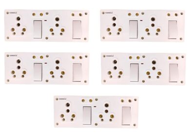 CANDLE 15amp. SS Combined 2 Switch, 4 Brass Sockets, 1 Indicator(2+5) with Box (Pack of 5) 15A. One Way Electrical Switch Socket Combined Board (5pcs.)