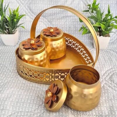 Gold Lotus Metal Dry Fruit Hamper Jar Set of 3 with Basket | Decorative Handcrafted Storage Jars with Arched Handle for Diwali Wedding Gifting Home Decor Premium Festive Tabletop Organizers!