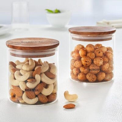 Borosil Classic Storage Jar Set (600ml x 2) | Made in India Borosilicate Glass Dishwasher Safe Container for Kitchen | Airtight Multipurpose Kitchen Organizer for Cookie, Spices
