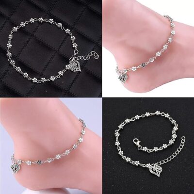 2Pcs Arm Cuff Jewellery for Women, Silver Heart Anklet Set, Adjustable Payal for Women and Girls, Suitable for Fashionable Anklets for Special Occasions