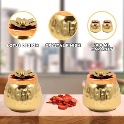 Kalakriti Set Of 2 Hammered Metal Gold Copper Plated Jar | Airtight Containers For Dry Fruits | Dining Table Decorative Serving Bowl for Home Kitchen | Jars for Return Gift (4x4 inch)