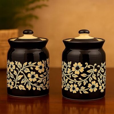 D'Maiolica Pickle Jars in 1000ml (set of 2) | Hand painted Black Floral Bale Pattern 1 kg Achaar Martban | Ceramic Container Set for Kitchen Storage (Pack of 2) (Black Floral, 1000mL)