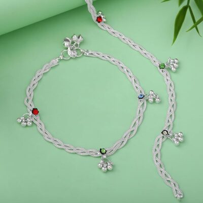 Silver Tone Charm Anklets for Women Twisted Chain with Colorful Accents| Stylish for Daily & Casual Wear-OSAK010-IRMC ANKLET