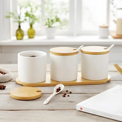 The Better Home Ceramic Condiment Jar Set of 3 (250 ml Each) | Bamboo Lids, Spoons & Tray | Airtight Kitchen Organizer for Pickle, Sauces & Masala | White