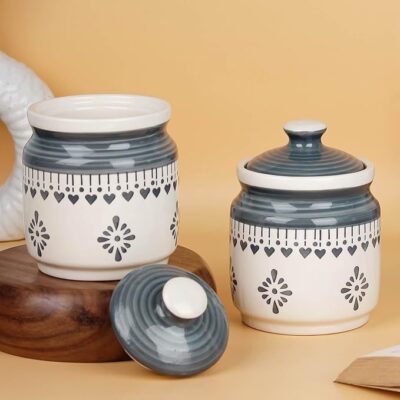 The Earth Store Grey Drape Ceramic Jars for Kitchen Storage 600ML Each | Pickle Jar Set of 2 | Barni Jar with Lid | Ceramic Storage Containers Jar for Achar, Cookies, Chatney, Sugar
