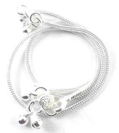 CUTE GOLD Thin Size Brass & Silver Plated Stylish Anklets Kolusu Silver Ghungroo Payal for Women (White) (10.5)