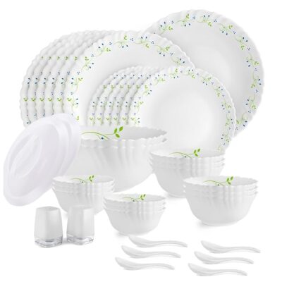 Cello Opalware Dazzle Series Tropical Lagoon Dinner Set, 37 Units | Opal Glass Dinner Set for 6 | Light-Weight, Daily Use Crockery Set for Dining | White Plate and Bowl Set