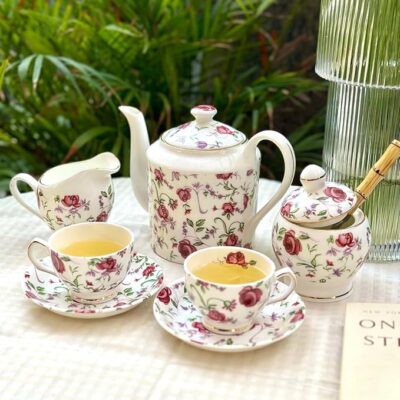 GOLDEN QUEEN'S Teacup Set with Kettle, Sugar & Milk Pot for Hosting & Gatherings | 15 Pieces - 6 Cups, 6 Saucers, 1 Tea Kettle, 1 Milk & 1 Sugar Pot | 24 K Gold Detailing - Button Rose