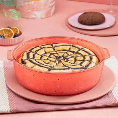 Borosil 1.2 L Kube Pink Baking & Serving Cake Dish with Handle | Borosilicate Glass Round Shape Bakeware and Serveware Casserole Dish Tray | Microwave, Oven & Dishwasher Safe Bowl