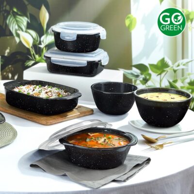 Borosil 1.2 L Pebble Black Baking & Serving Cake Dish with Handle | Borosilicate Glass Round Shape Bakeware and Serveware Casserole Dish Tray | Microwave, Oven & Dishwasher Safe Bowl