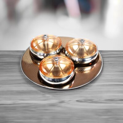 PEARLPET Steelex Stainless Steel Multipurpose 3Pcs Jar(300ml) With Plastic Lid & 1Pc Serving Tray |Gift Set jars and tray |Kitchen |Gift