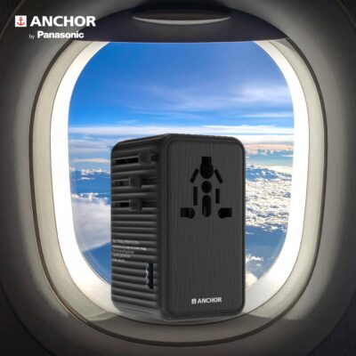 Anchor by Panasonic 65W Universal Travel Adapter, GaN Technology, Multi-Port Universal Travel Adapter, 100-250VAC Fast Charging, Compact, Durable, Laptop Ready (Black - 22846)